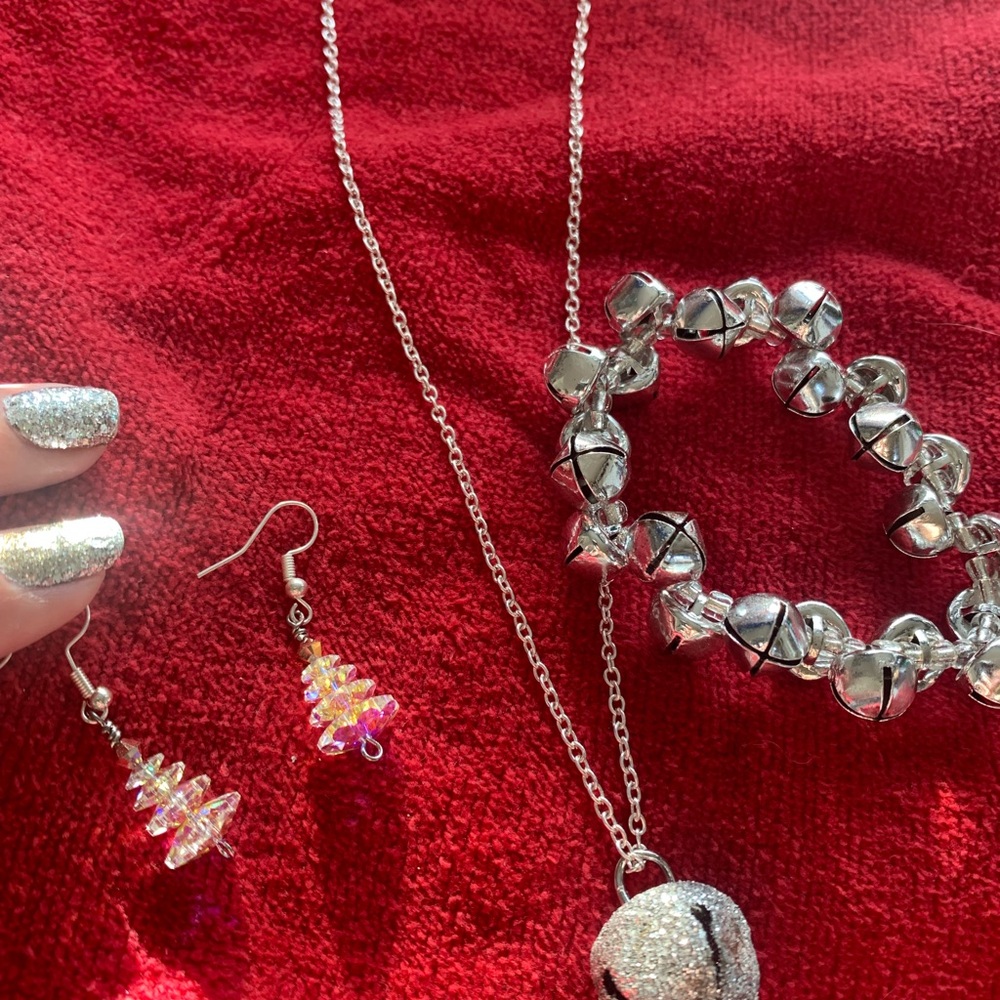Christmas Jingle bell bracelet & necklace, crystal Christmas tree earrings